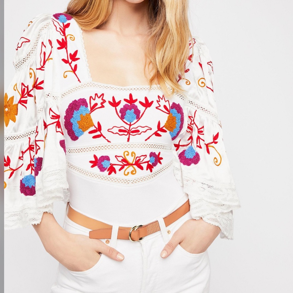 Free People Sunny Meadow Embroidered Lace Inset Unique Bodysuit XS